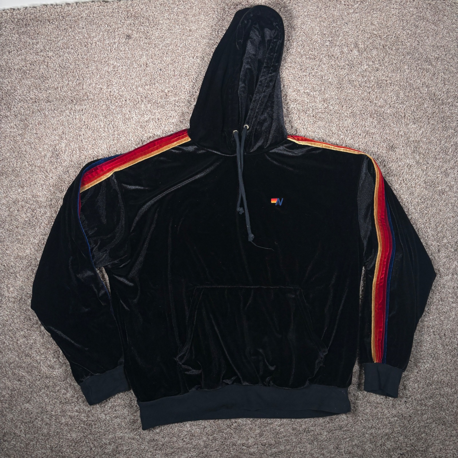 Aviator Nation Black Velvet Rainbow Stripe Hoodie Pullover Sweatshirt Small
